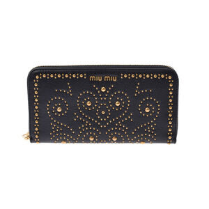 Miu Miu Round Zip Stud Black Calfskin Long Wallet